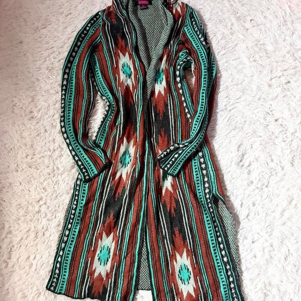 Southern Rustic Tribal Geometric Southwestern Earthy Cardigan Duster Womens L